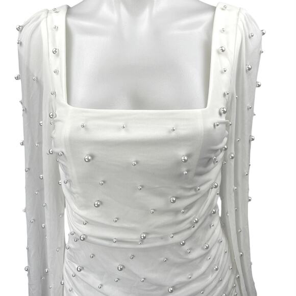 Lulus Admirably Divine White Mesh Pearl Beaded Long Sleeve Mini Bodycon Dress S - Picture 4 of 6